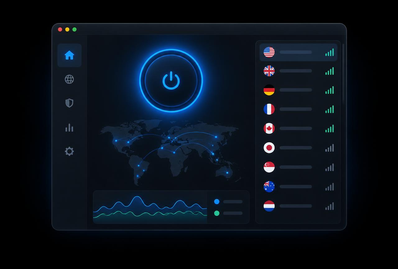 QuickQ VPN 客户端界面，中央为连接按钮与节点列表