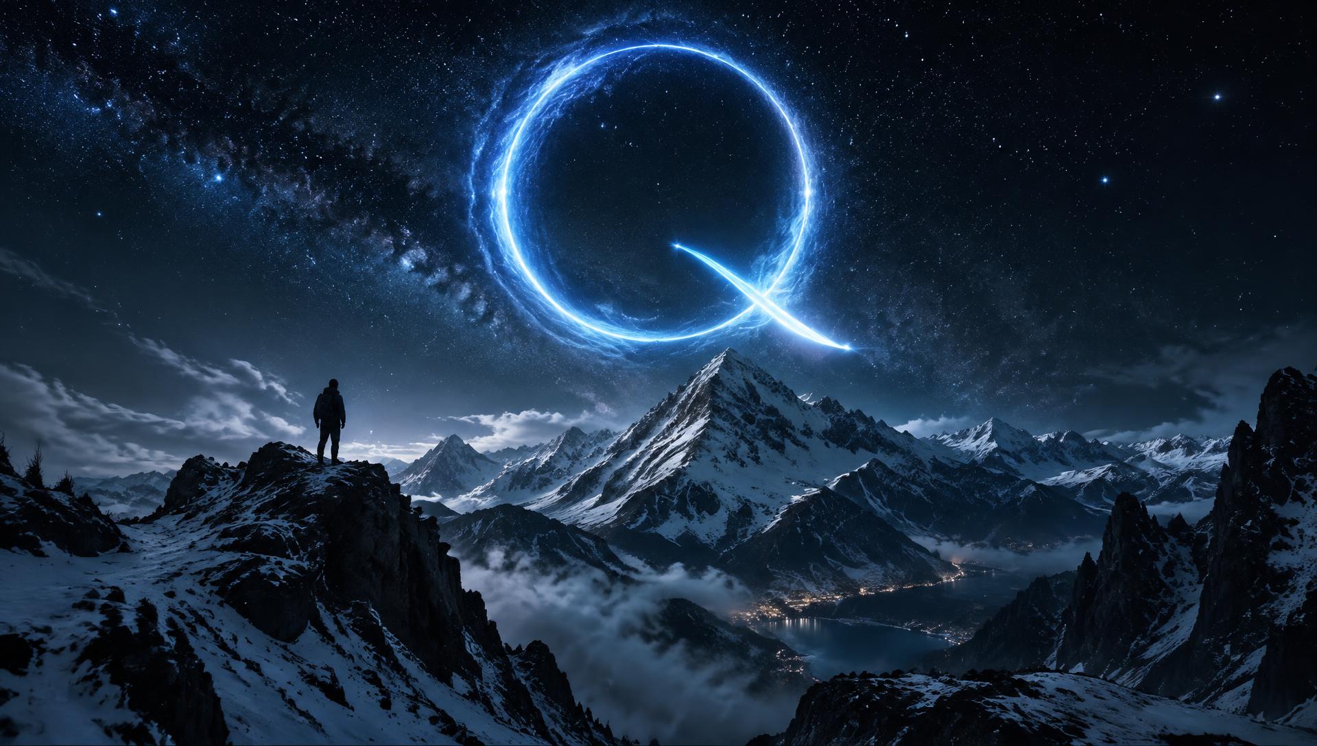 星空下的雪山与蓝色光环，象征 QuickQ VPN 的全球网络