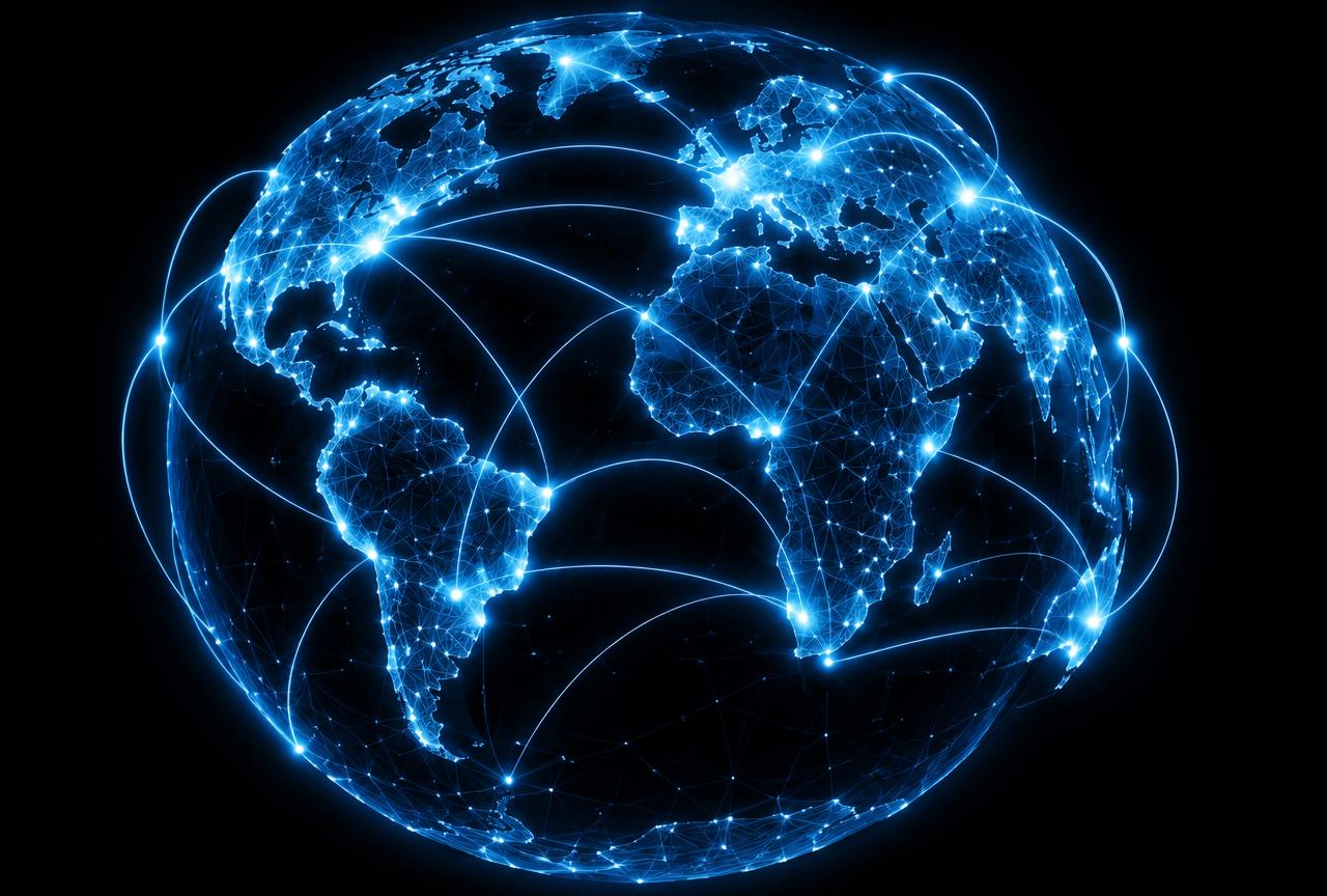 蓝色线框地球与全球节点连线示意图
